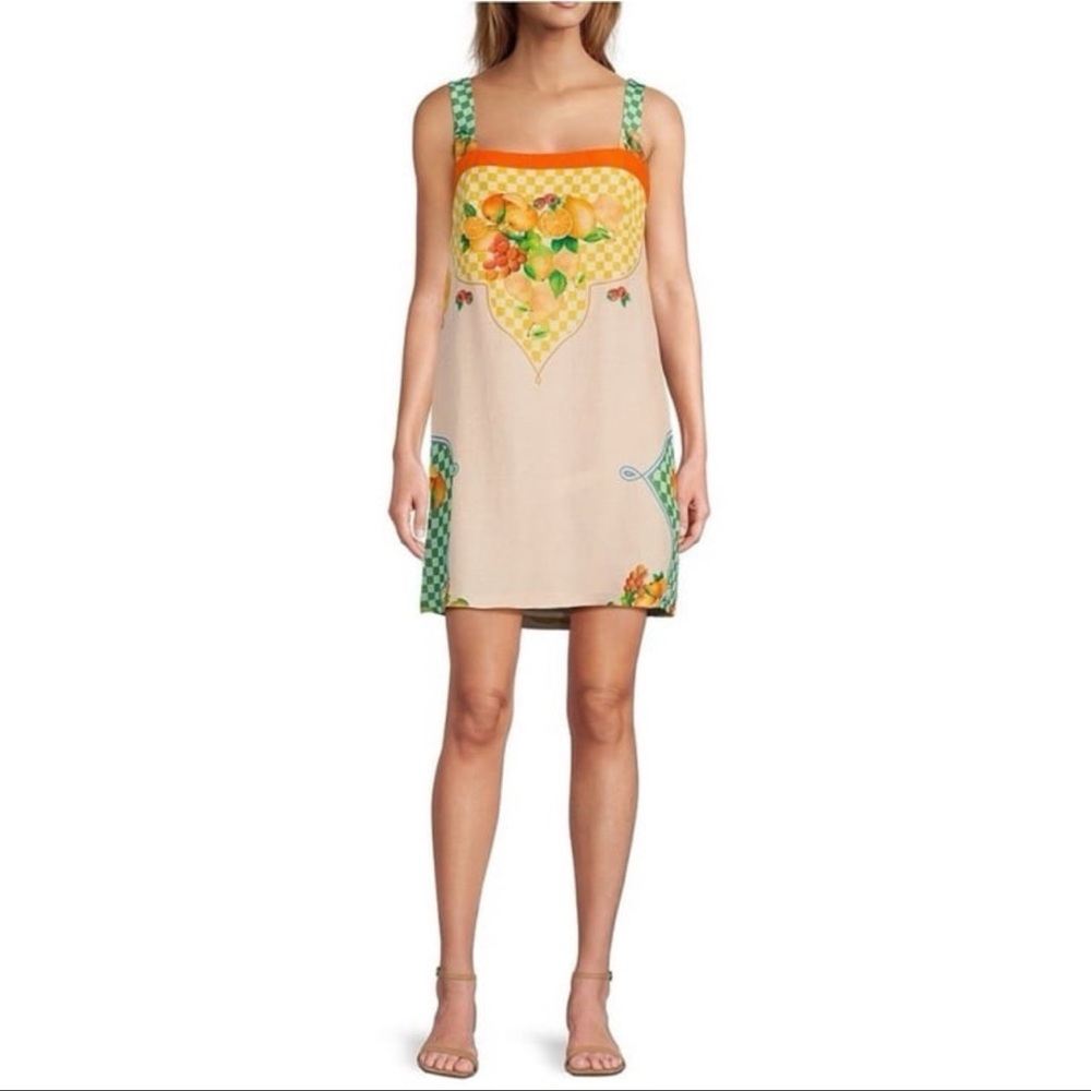 NWT Antonio MelaniEliana Fruit Printed Linen Square Neck Sleeveless Dress